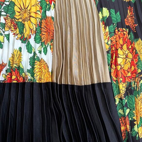 Lucille Asymmetric Pleated Skirt Marigold Floral Print Colorblock Maximalist - Picture 8 of 9